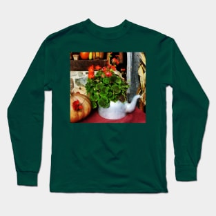 Teapot Filled With Geraniums Long Sleeve T-Shirt